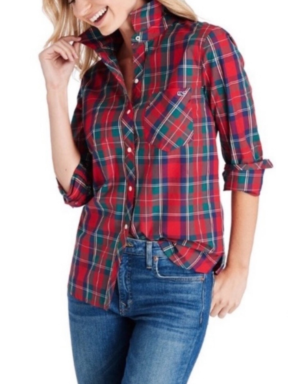 Vineyard Vines Women’s Red Tartan Plaid Cotton Blend Blouse NEW without Tags 2
